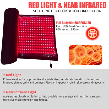 Red Light Mat Full Body 63" x 23.6" 945pcs LEDs 660nm and 850nm Red Light Blanket Whole Body LED Light Relax Pad